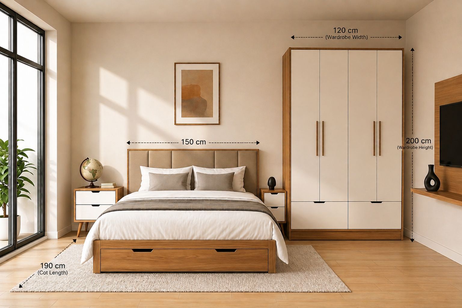 Complete Bedroom Set | Cot (With / Without Storage) + Wardrobe + 2 Side Tables | Matte & High Gloss Finish