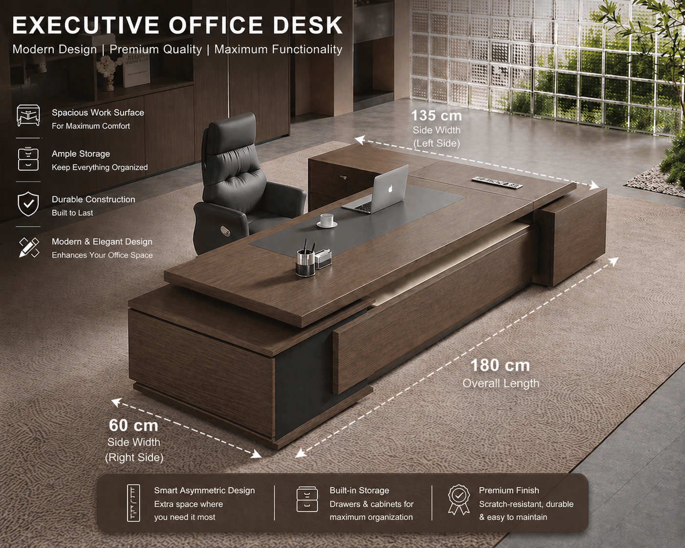 Executive Office Desk | Premium Wooden Design | 180 cm Length | Smart Storage