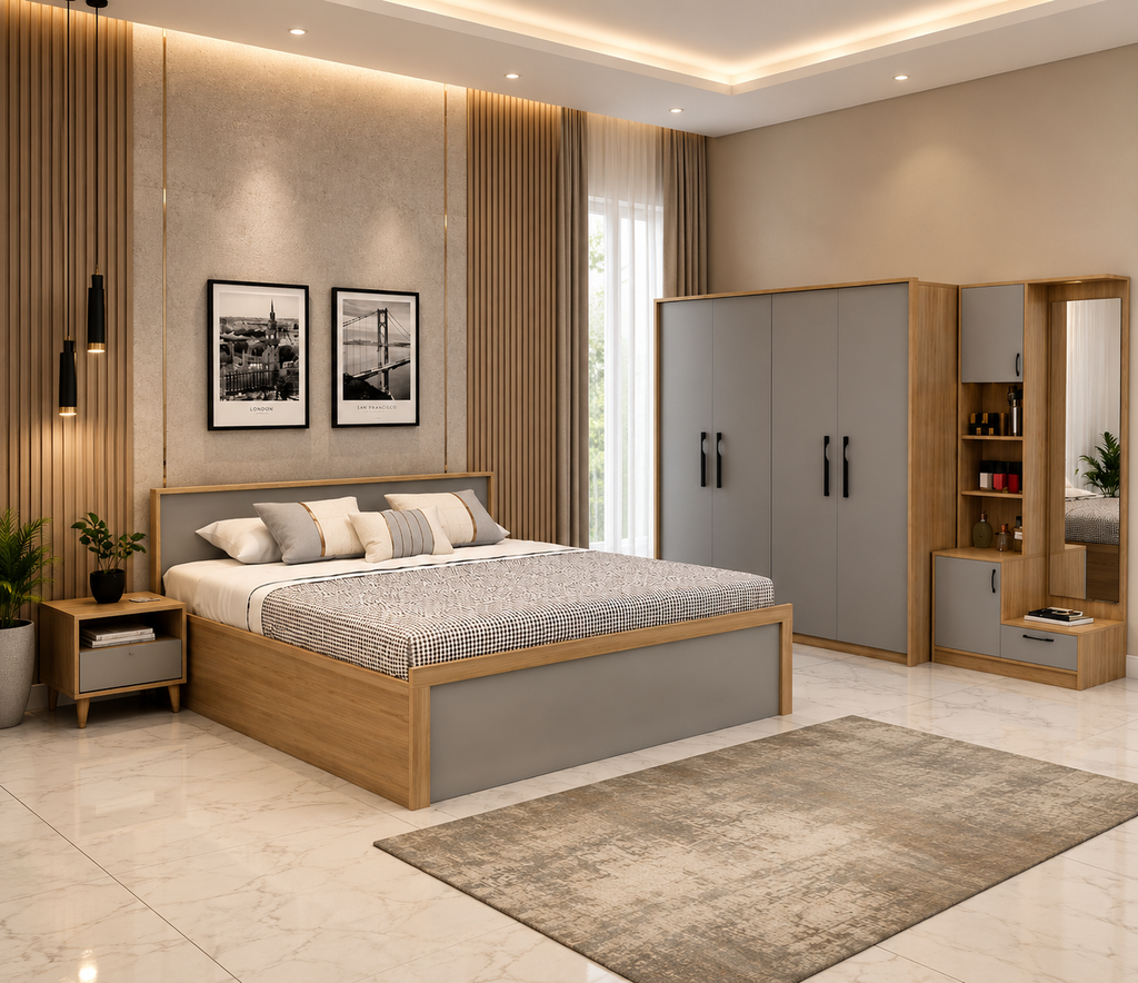 Modern Premium Bedroom Set | Wardrobe + Cot + Dressing Unit + Side Table