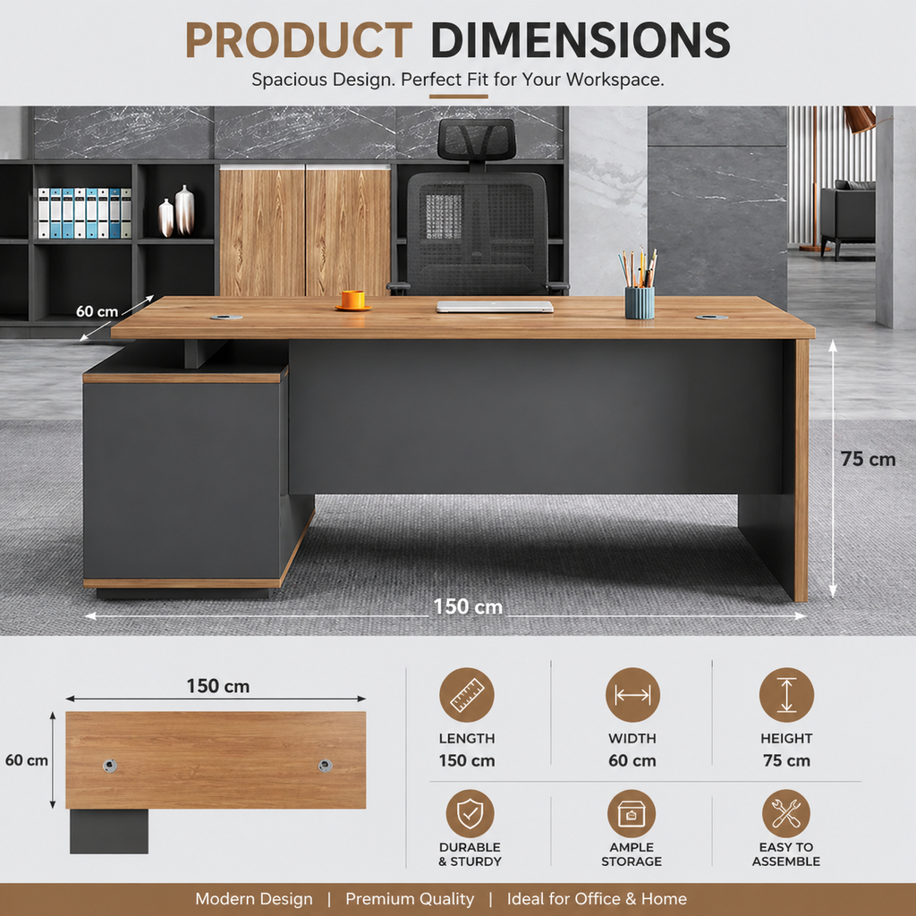 Modern Office Desk with Storage | 150 x 60 cm | Drawer & Cabinet Design