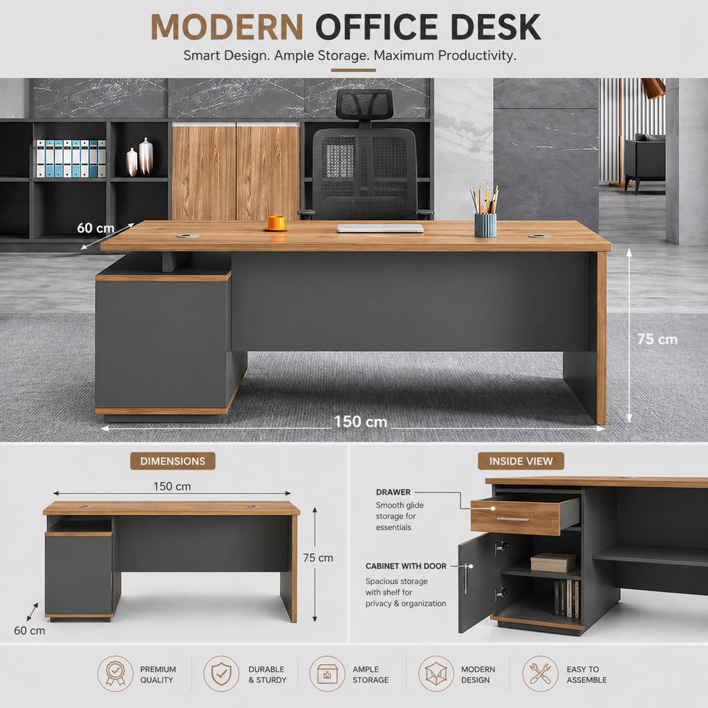 Modern Office Desk with Storage | 150 x 60 cm | Drawer & Cabinet Design