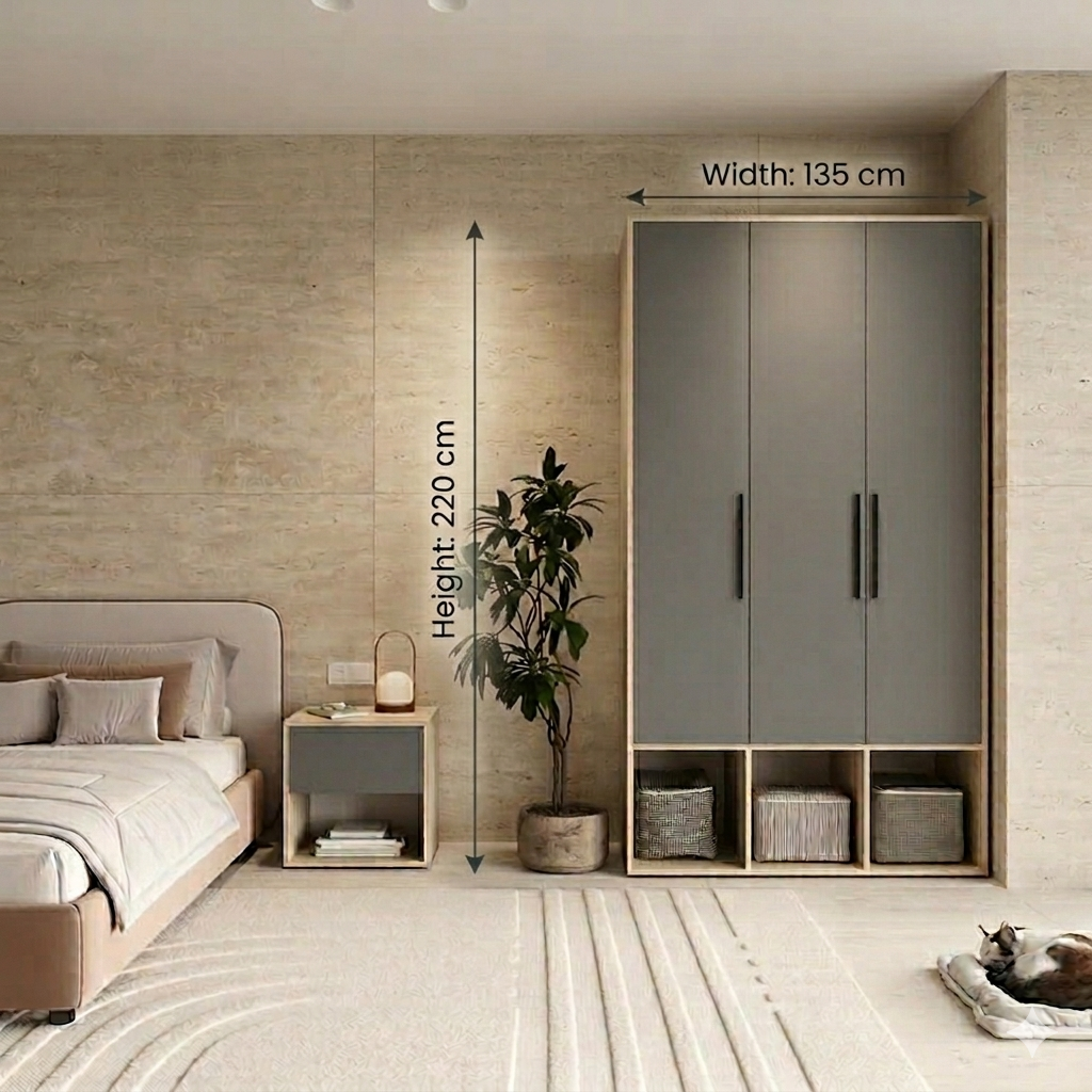 UrbanSpace 3-Door Wardrobe with Matching Bedside Table – Engineered Wood Storage Set