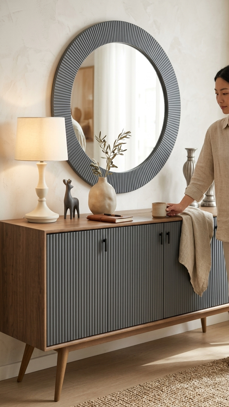 Ribbed Console Cabinet with Mirror Set